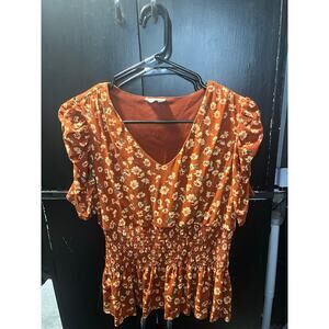 Amber Rust Floral Smocked Peplum Blouse - Size M